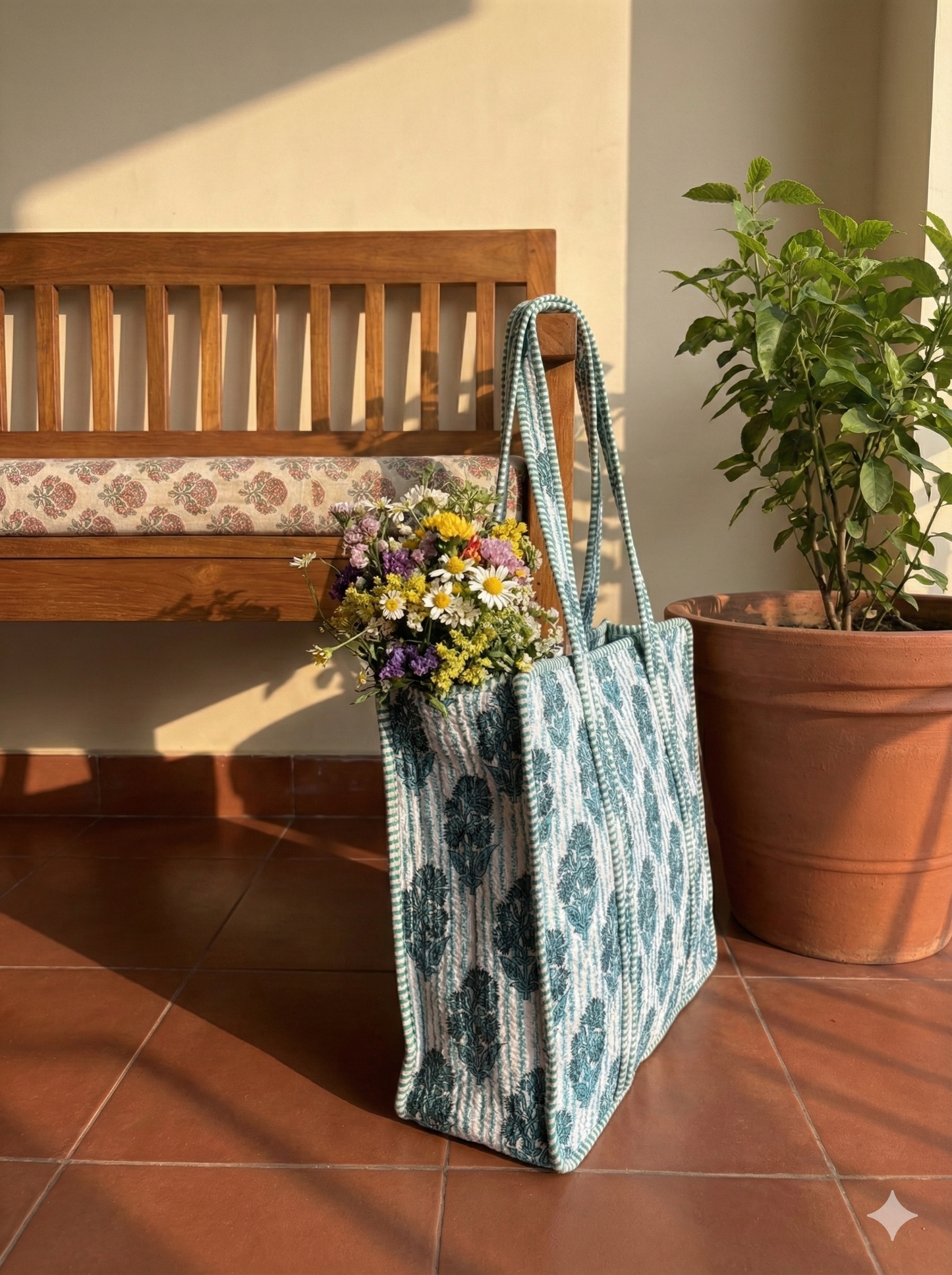 Blue & White Printed Cotton Tote Bag