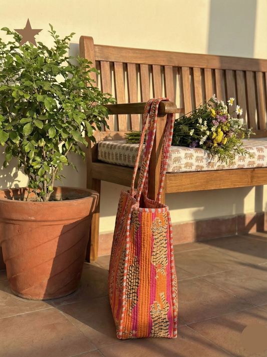Red & Orange Printed Cotton Tote Bag