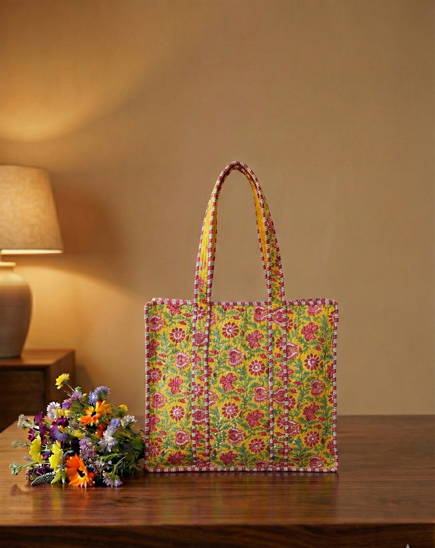 Green & Pink Floral Print Cotton Tote Bag