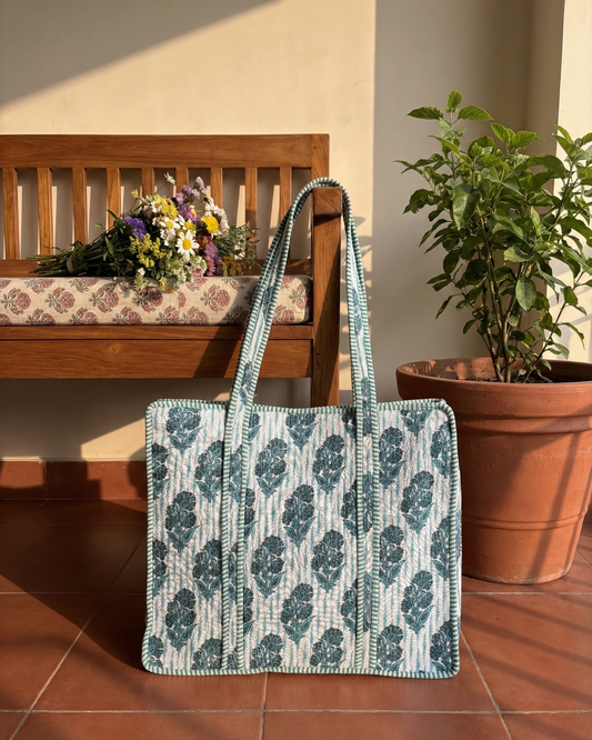 Blue & White Printed Cotton Tote Bag