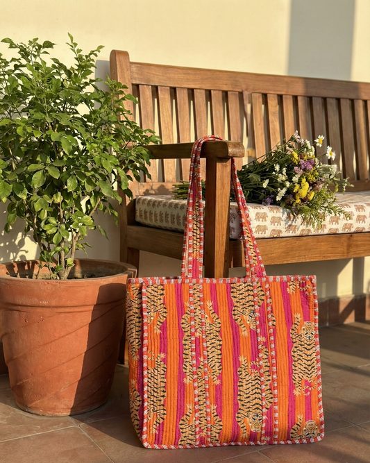 Red & Orange Printed Cotton Tote Bag
