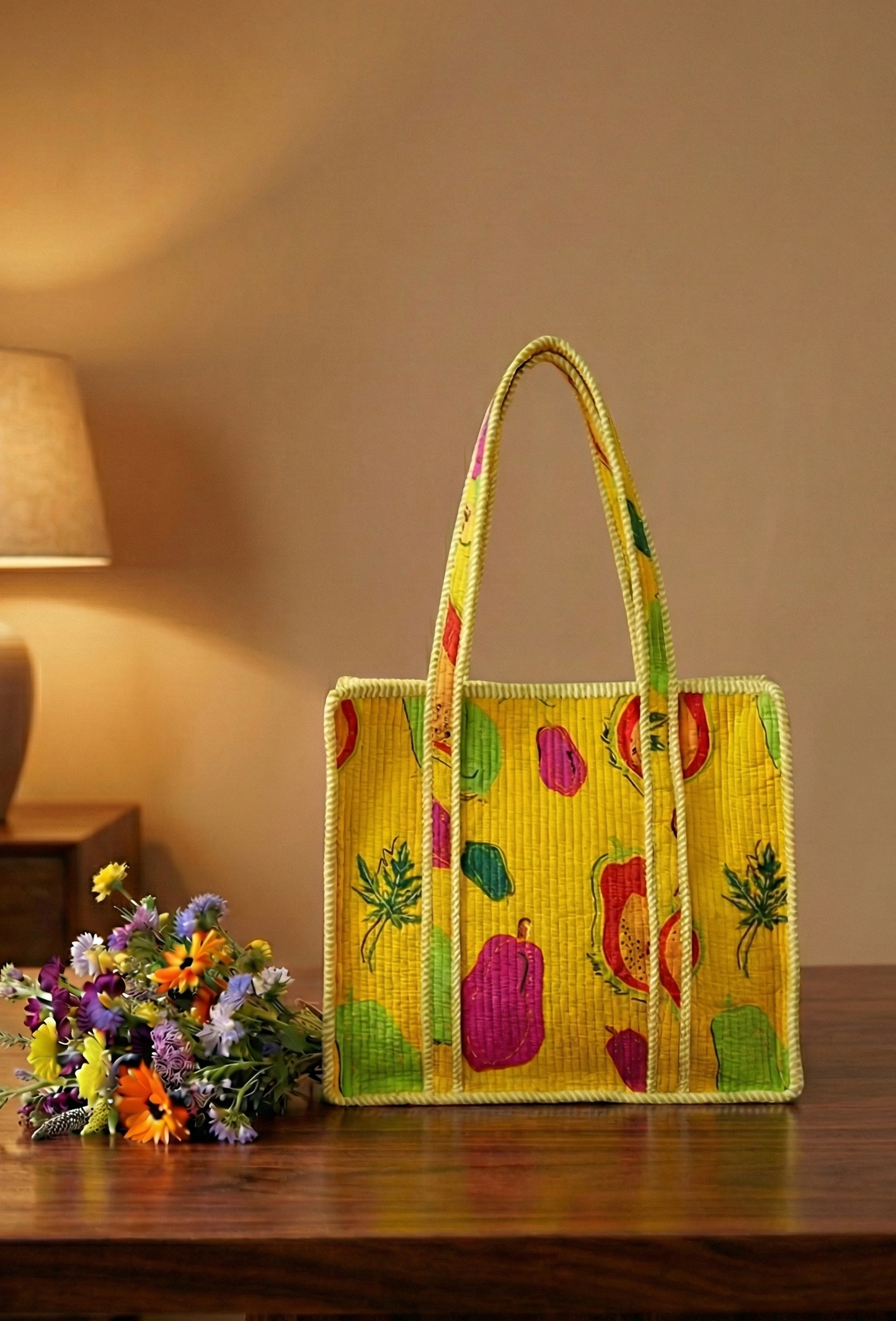 Yellow Multicolor Print Cotton Tote Bag