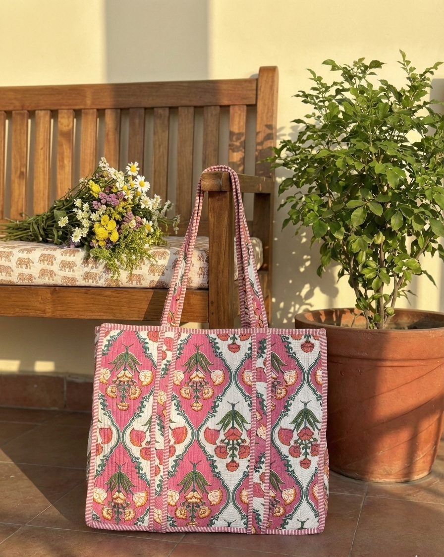 Pink & White Printed Cotton Tote Bag