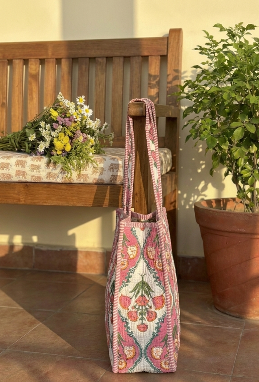 Pink & White Printed Cotton Tote Bag