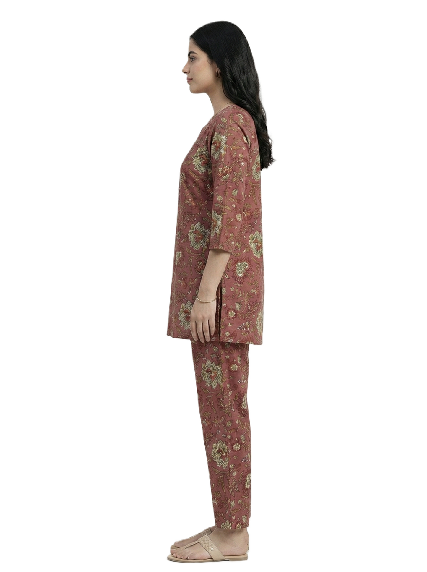 Dark Pink & Golden Floral Print Co-ord Set