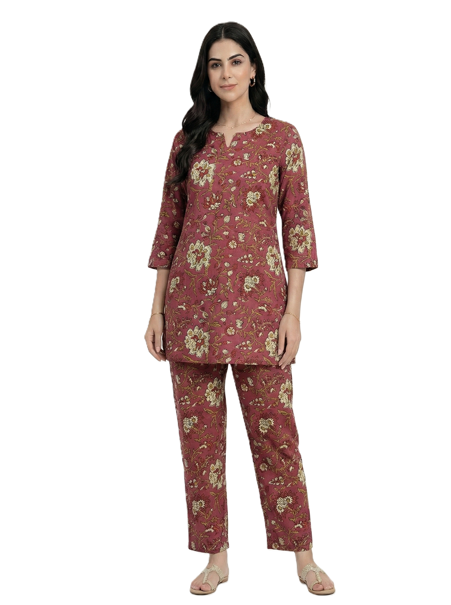 Dark Pink & Golden Floral Print Co-ord Set