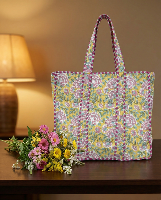 White & Purple Multicolor Print Cotton Tote Bag