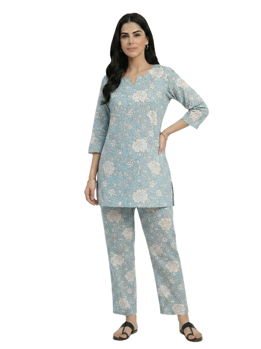 Blue & White Floral Print Co-ord Set